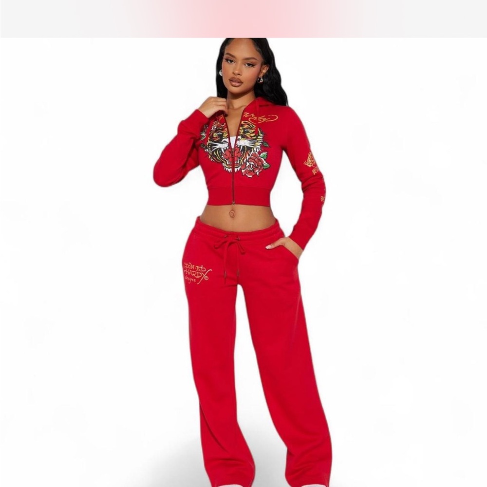 Ed Hardy Red Embroidered Jogger Set